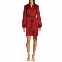 Buy 🛒 Alex Marie Iris Satin Surplice V-Neck Long Sleeve Front Drape 👗 Dress Rust ✨
