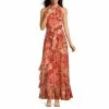 New 🧨 Alex Marie Helen Foiled Floral Print Sleeveless Crew Neck Tiered Ruffle Front Tie Waist Maxi 👗 Dress Red Rust 😉