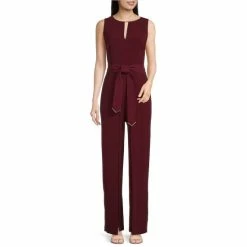New 🤩 Alex Marie Lucia Stretch Crepe Tie Waist Crew Keyhole Neck Sleeveless Belted Jumpsuit Burgundy 🌟
