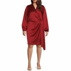 Top 10 ✔️ Alex Marie Plus Size Iris Satin Surplice V-Neck Long Balloon Sleeve Front Draped 👗 Dress Rust 😀