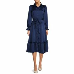 Promo ⌛ Alex Marie Kerry Satin Long Sleeve Button Down Collar Tie Waist Tiered Ruffle Midi 👚 Shirt 👗 Dress Twilight 🌟