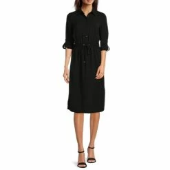 Brand new 🎉 Alex Marie Kaley Point Collar Long Roll-Tab Sleeve Button Front 👕 Shirt 👗 Dress Black ✔️