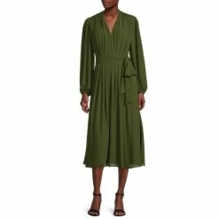 Best Pirce 🎉 Alex Marie Hayden V-Neck Long Poet Sleeve Belted Pleated Chiffon Midi 👗 Dress Olive ⌛