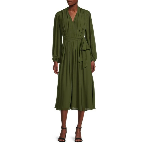 Best Pirce 🎉 Alex Marie Hayden V-Neck Long Poet Sleeve Belted Pleated Chiffon Midi 👗 Dress Olive ⌛