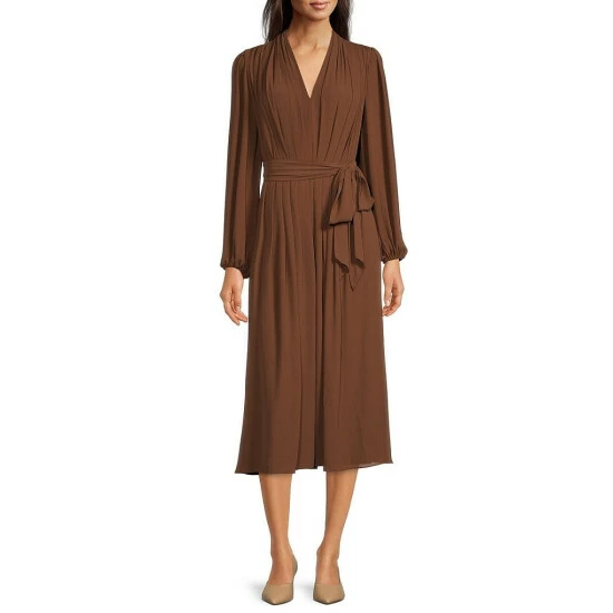 Best Pirce 🎉 Alex Marie Hayden V-Neck Long Poet Sleeve Belted Pleated Chiffon Midi 👗 Dress Olive ⌛ - Image 3