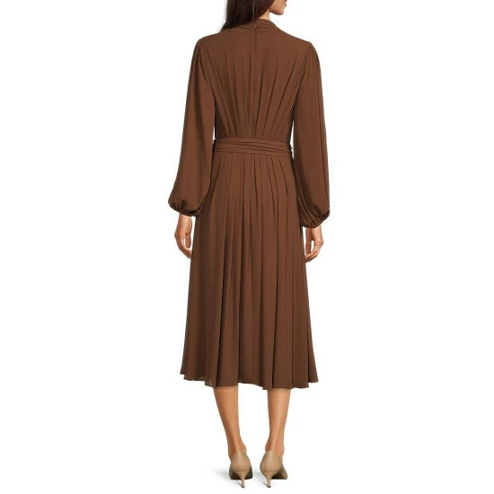 Best Pirce 🎉 Alex Marie Hayden V-Neck Long Poet Sleeve Belted Pleated Chiffon Midi 👗 Dress Olive ⌛ - Image 4
