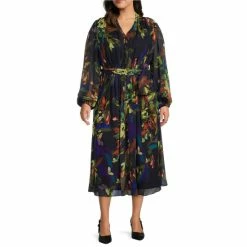 Best Sale 🎁 Alex Marie Plus Size Hayden Floral Print V-Neck Long Blouson Sleeve Pleated Tie Waist Midi 👗 Dress Navy Multi 🌟