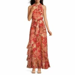 Flash Sale 🎁 Alex Marie Petite Size Helen Print Sleeveless Jewel Neck Tie Waist Cascading Ruffle 👗 Dress Red Rust 🤩
