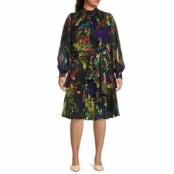 Discount 🧨 Alex Marie Plus Size Rosalia Long Split Sleeve Smocked Mock Neck Floral Print Tie Waist 👗 Dress Navy Multi ✔️