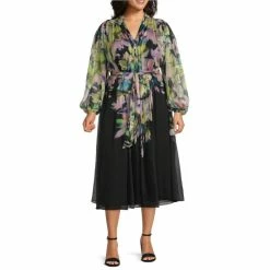 Best reviews of 🥰 Alex Marie Plus Size Serena Chiffon Floral Print Long Sleeve V-Neck Tie Waist Midi 👗 Dress Green Floral Multi 😉