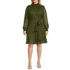 Cheap 🥰 Alex Marie Plus Size Rosalia Long Split Sleeve Mock Neck Tie Waist 👗 Dress Olive ✨