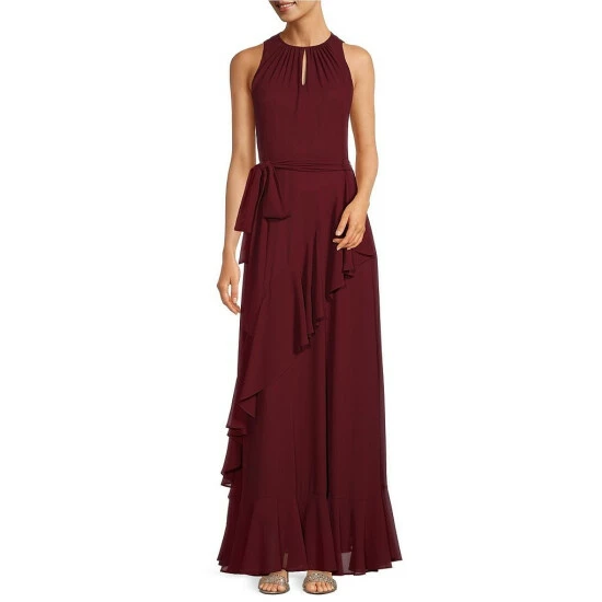 Best Sale ๐ฏ Alex Marie Colette Sleeveless Keyhole Neck Tie Waist Ruffle Front Sheath Gown Burgundy โ