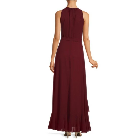 Best Sale ๐ฏ Alex Marie Colette Sleeveless Keyhole Neck Tie Waist Ruffle Front Sheath Gown Burgundy โ - Image 2