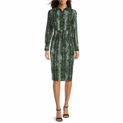 Best Sale 🧨 Alex Marie Kaley Snake Print Button Front Point Collar Long Sleeve Drawstring Waist 👕 Shirt 👗 Dress Green Snake 🔔