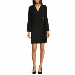 Discount 👏 Alex Marie Jolie Surplice V-Neck Long Sleeve Stretch Crepe Gathered Ring Waist Faux Wrap 👗 Dress Black 😉