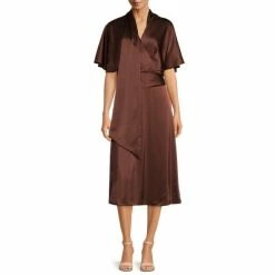 Budget 👏 Alex Marie Giselle Satin Surplice V-Neck Drape Front Short Kimono Sleeve Midi 👗 Dress Cocoa 😀
