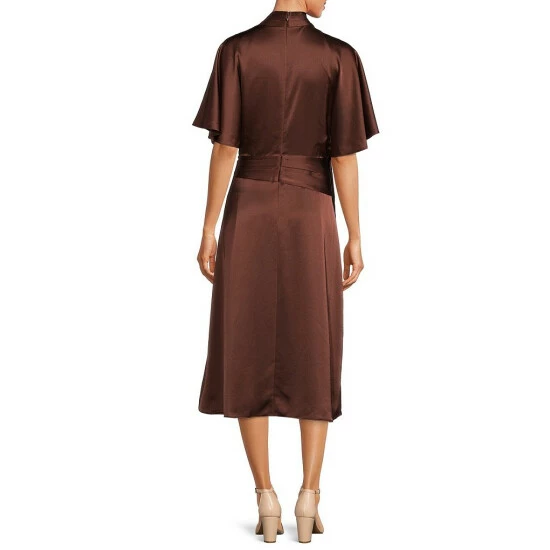 Budget 👏 Alex Marie Giselle Satin Surplice V-Neck Drape Front Short Kimono Sleeve Midi 👗 Dress Cocoa 😀 2 Budget 👏 Alex Marie Giselle Satin Surplice V-Neck Drape Front Short Kimono Sleeve Midi 👗 Dress Cocoa 😀 - Image 2