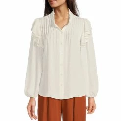 New ⭐ Alex Marie Veronique Woven Button Down Collar Long Sleeve Button Front Ruffle Blouse Ivory 🎁