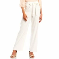 New 👍 Alex Marie Roselyn Straight Leg Tie Sash Waist Mid Rise Stretch Linen Pants Sandstone Tan 🎉