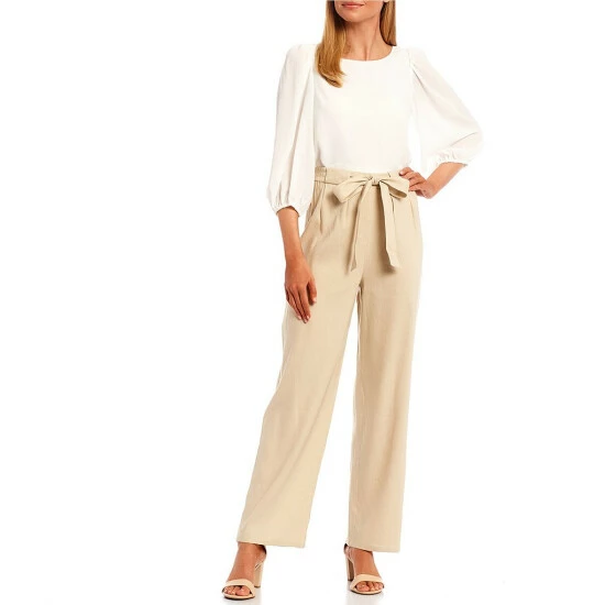 New 👍 Alex Marie Roselyn Straight Leg Tie Sash Waist Mid Rise Stretch Linen Pants Sandstone Tan 🎉 - Image 6