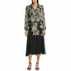 Best Sale 🥰 Alex Marie Petite Size Serena Chiffon Floral Print Pleated V-Neck Long Sleeve Midi 👗 Dress Green Floral Multi ❤️