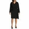 Budget ❤️ Alex Marie Plus Size Jolie Surplice V-Neck Long Sleeve Stretch Crepe Gathered Ring Waist Faux Wrap 👗 Dress Black ⌛