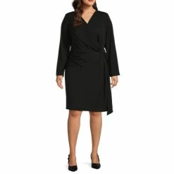 Budget ❤️ Alex Marie Plus Size Jolie Surplice V-Neck Long Sleeve Stretch Crepe Gathered Ring Waist Faux Wrap 👗 Dress Black ⌛