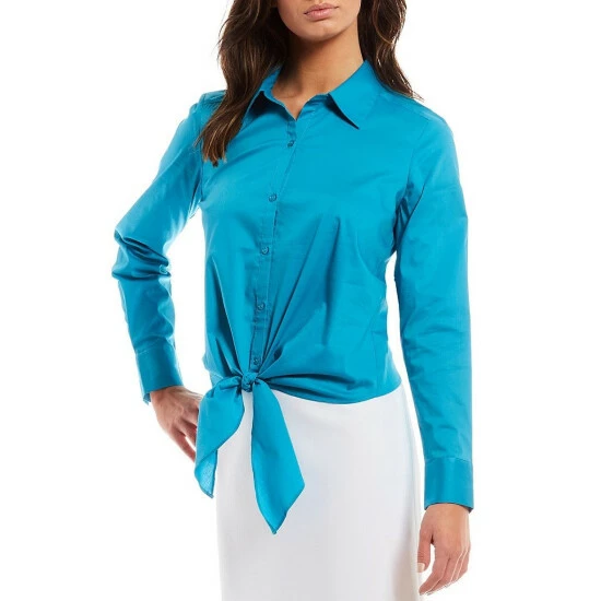 Flash Sale 😀 Alex Marie Niah Stretch Poplin Button Down Tie Point Collar Neck Long Sleeve Blouse Ocean Blue 🥰 1 Flash Sale 😀 Alex Marie Niah Stretch Poplin Button Down Tie Point Collar Neck Long Sleeve Blouse Ocean Blue 🥰