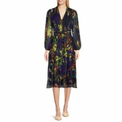 Best Pirce ⌛ Alex Marie Petite Size Hayden Split Long Sleeve V-Neck Belted Floral Print Midi 👗 Dress Navy Multi 🎉
