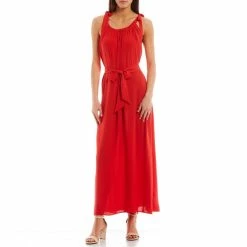 Top 10 💯 Alex Marie Kyla Tie Shoulder Gathered Scoop Neck Sleeveless Maxi 👗 Dress Flame ✨