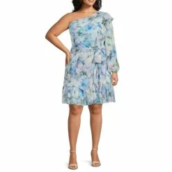 Top 10 🧨 Alex Marie Plus Size Sophie One Shoulder Long Sleeve Tie Waist A-Line 👗 Dress Blue Mist 🎁