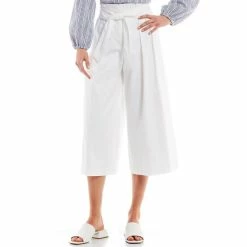 Buy 🧨 Alex Marie Mya Tie Waist Cotton Sateen Pleated High Rise Wide Leg Capri Pants White ✔️