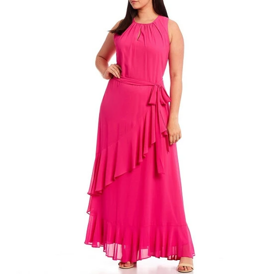 Brand new 🥰 Alex Marie Plus Size Colette Chiffon Sleeveless Crew Keyhole Neck Belt Sash Gown Pop Pink ✔️