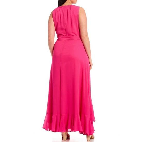 Brand new 🥰 Alex Marie Plus Size Colette Chiffon Sleeveless Crew Keyhole Neck Belt Sash Gown Pop Pink ✔️ - Image 2