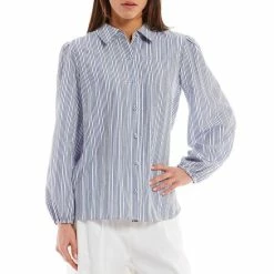 Top 10 🔥 Alex Marie Logan Button Down Collar Long Sleeve Elastic Cuff Striped Blouse Blue/white 😉