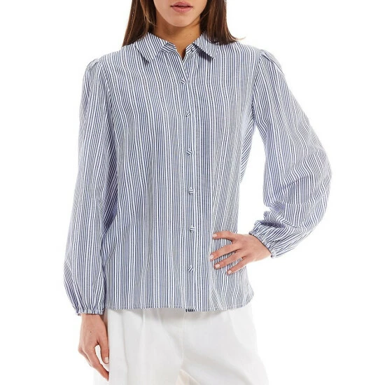 Top 10 🔥 Alex Marie Logan Button Down Collar Long Sleeve Elastic Cuff Striped Blouse Blue/white 😉