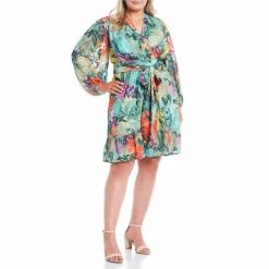 Hot Sale 👍 Alex Marie Plus Size Simone Floral Printed Burnout V-Neck Long Sleeve A-Line 👗 Dress Sage Multi ✔️