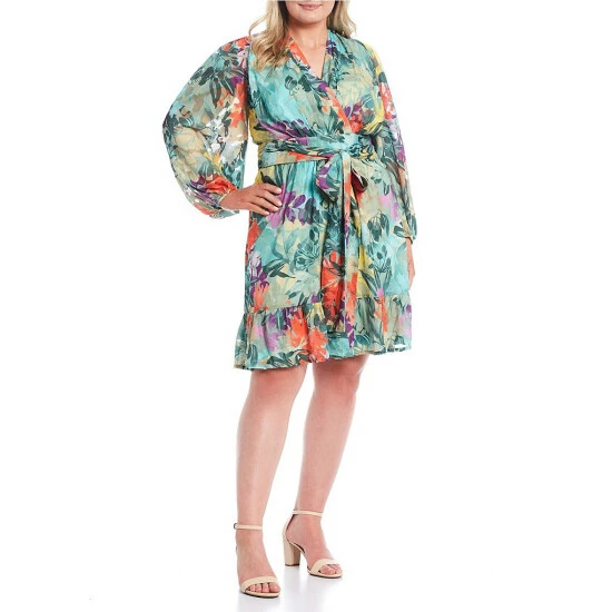 Hot Sale π Alex Marie Plus Size Simone Floral Printed Burnout V-Neck Long Sleeve A-Line π Dress Sage Multi βοΈ