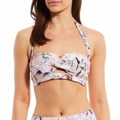 Deals 💯 Alex Marie Ornate Bloom Floral Print Cutout Twist Halter Swim Top Mauve 👏