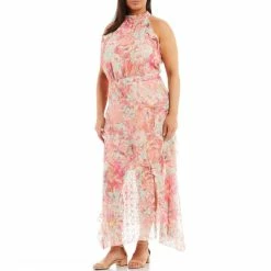 Best Pirce 💯 Alex Marie Plus Size Fiona Floral Print Halter Neck Sleeveless Asymmetric Hem 👗 Dress Pink Teal 🛒