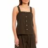 Discount 🛒 Alex Marie Kaci Button Front Square Neck Sleeveless Coordinating Tank Top Olive 🧨