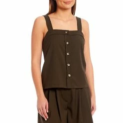 Discount 🛒 Alex Marie Kaci Button Front Square Neck Sleeveless Coordinating Tank Top Olive 🧨