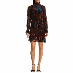 Cheap โ๏ธ Alex Marie Dakota Burnout Velvet High Neck Long Sleeve Tiered ๐ Dress Red Multi โ๏ธ