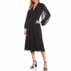 Wholesale ✔️ Alex Marie Hayden Tie Waist V-Neck Long Blouson Sleeve A-Line Chiffon Midi 👗 Dress Black 👍