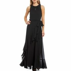 Cheapest ๐ Alex Marie Colette Sleeveless Keyhole Crew Neck Tie Waist Tiered Ruffle Hem Maxi Gown Royal Blue ๐