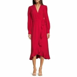 Best deal ⭐ Alex Marie Aria Stretch Crepe V-Neck Long Sleeve Belted Cascading Ruffle Wrap Midi 👗 Dress Holly 😀