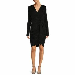 Budget 🛒 Alex Marie Petite Size Chrissy Metallic Surplice V-Neck Long Sleeve Faux Wrap 👗 Dress Black 👏
