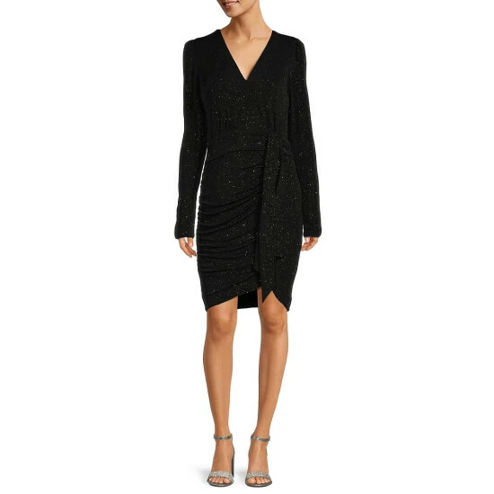 Budget 🛒 Alex Marie Petite Size Chrissy Metallic Surplice V-Neck Long Sleeve Faux Wrap 👗 Dress Black 👏 1 Budget 🛒 Alex Marie Petite Size Chrissy Metallic Surplice V-Neck Long Sleeve Faux Wrap 👗 Dress Black 👏