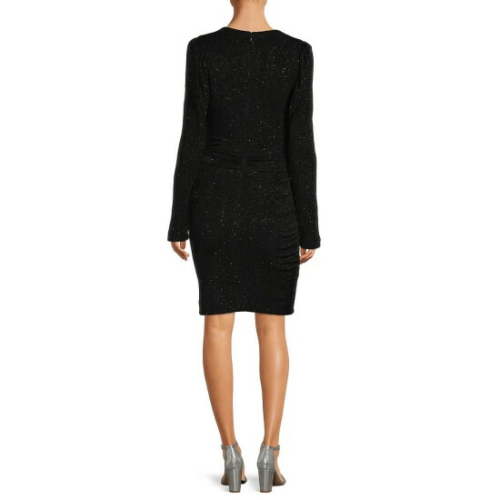 Budget 🛒 Alex Marie Petite Size Chrissy Metallic Surplice V-Neck Long Sleeve Faux Wrap 👗 Dress Black 👏 2 Budget 🛒 Alex Marie Petite Size Chrissy Metallic Surplice V-Neck Long Sleeve Faux Wrap 👗 Dress Black 👏 - Image 2