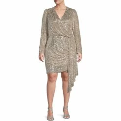 Cheap 🔔 Alex Marie Plus Size Milly Sequin Surplice V-Neck Long Sleeve 👗 Dress Silver 😍